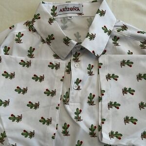 Men's XXL Polo Style Golf Shirt White With Cactus Print Design Arizona